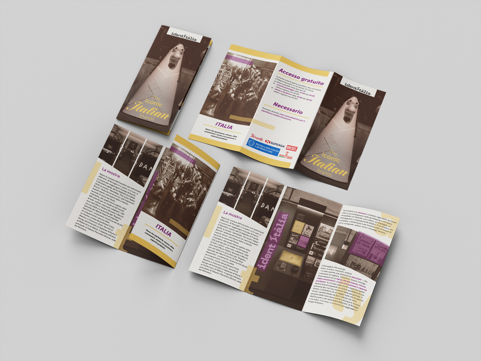 Mockup di una brochure di IdentItalia, in cui vengono mostrate diverse pagine e posizioni della brochure.