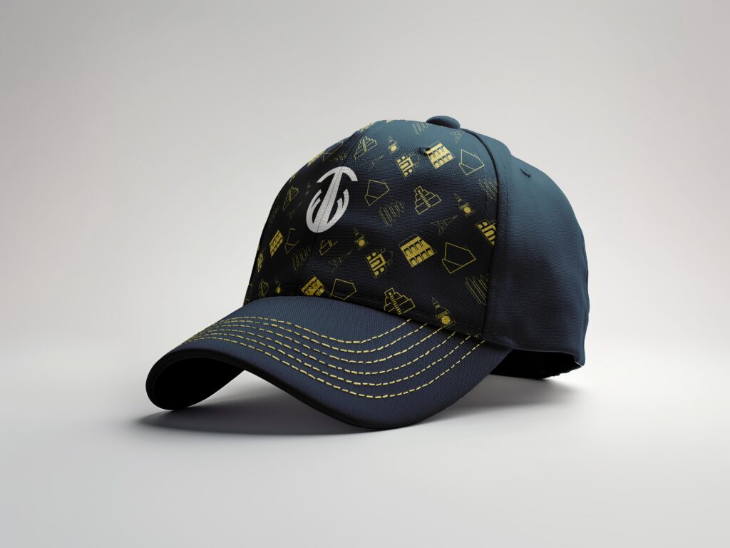 Cappello blu con logo Towerworks in bianco e pattern in cui vengono rappresentanti i monumenti più importati di alcune città del mondo, su sfondo bianco